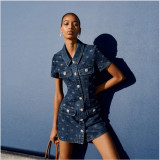 Feminine DENIM DIAMANTE BOW COLLARED MINI DRESS