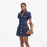 Feminine DENIM DIAMANTE BOW COLLARED MINI DRESS