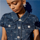 Feminine DENIM DIAMANTE BOW COLLARED MINI DRESS