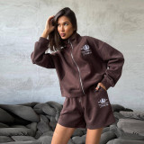 Zip-Neck Embroidered Long Sleeve Sweatshirt & Shorts Coordinated Set
