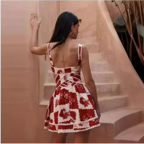 Tropical Print Lace-Trimmed A-Line Vacation Dress