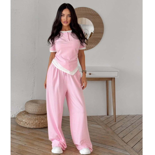 Garde Cinched Waist Button-Accent T-Shirt & Straight-Leg Casual Pants Set