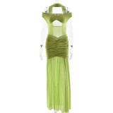 Elegant Mesh Pleated Backless Maxi Dress