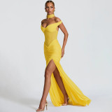 Elegant Mesh Pleated Backless Maxi Dress