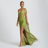 Elegant Mesh Pleated Backless Maxi Dress