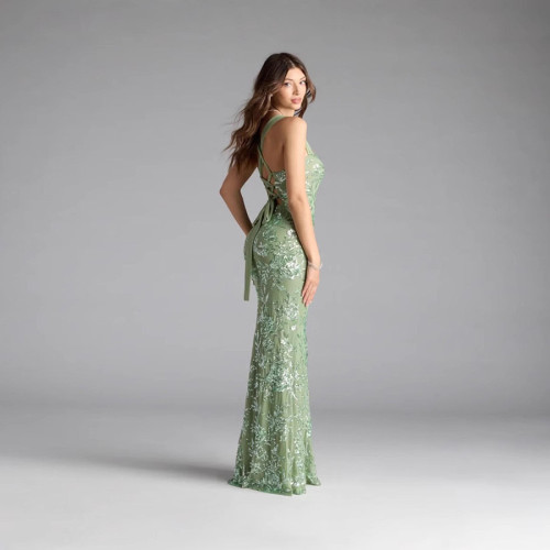 Elegant High-Slit Backless Spaghetti Strap Gown