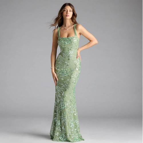 Elegant High-Slit Backless Spaghetti Strap Gown