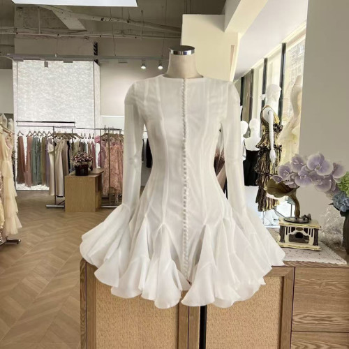 Elegant Lotus Leaf Trim Puff Sleeve Dress