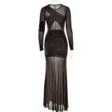 Sultry Mesh Illusion Long Sleeve Bodycon Dress