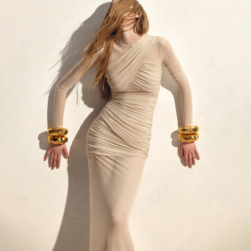 Sultry Mesh Illusion Long Sleeve Bodycon Dress