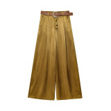 Luxe Satin Straight-Leg Trousers with Signature Waist Belt