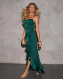 Elegant Chic Spaghetti Strap Ruffle Hem High-Slit Formal Evening Dress