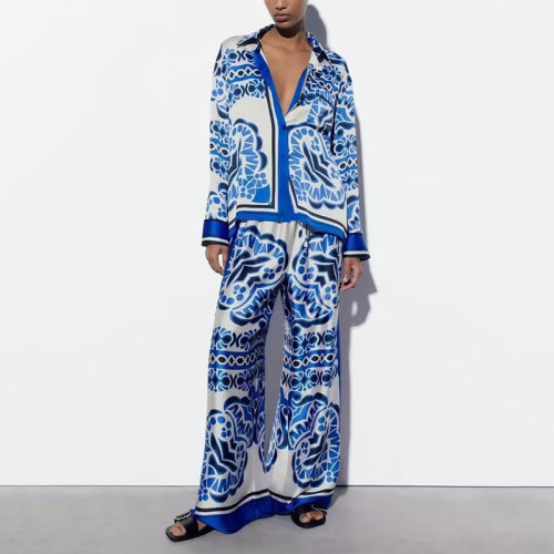 Blue Printed Relaxed-Fit Two-Piece Shirt Ensemble