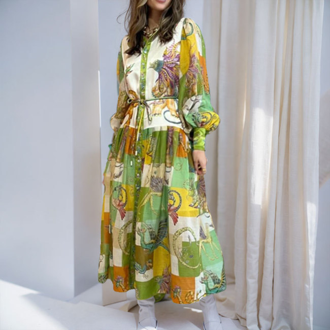 Printed Lantern Sleeve Shirt Dress