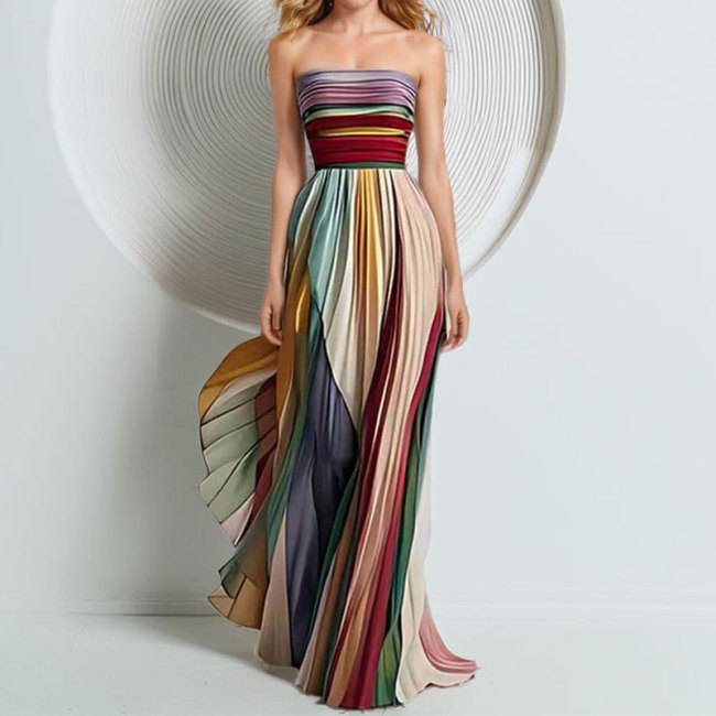 Strapless Printed Pleated Color-Burst Dress