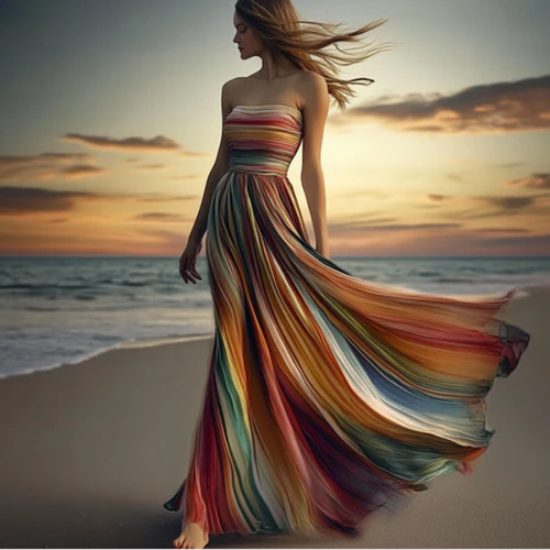 Strapless Printed Pleated Color-Burst Dress