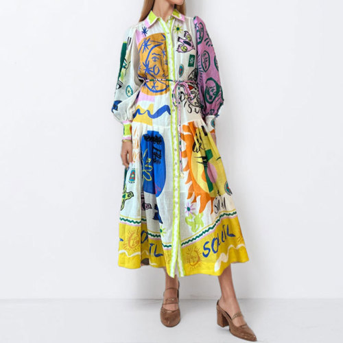 Printed Lantern Sleeve Shirt Dress