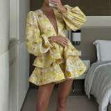 Printed Bubble Sleeve Short Dress