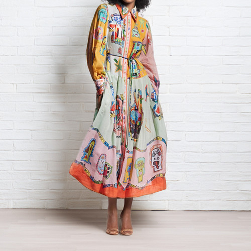 Printed Lantern Sleeve Shirt Dress