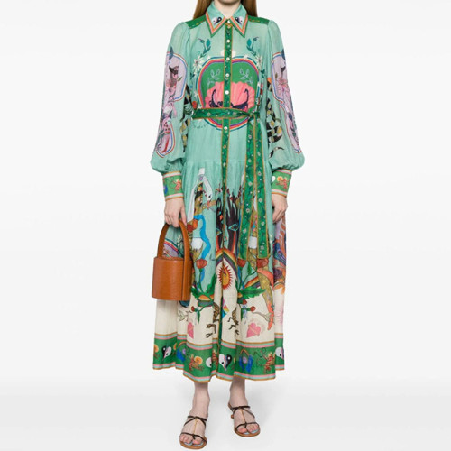 Printed Lantern Sleeve Shirt Dress