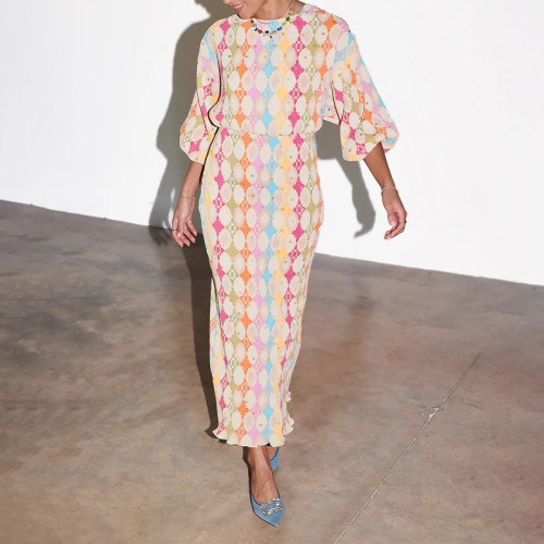 Printed V-Neck Lantern Sleeve A-Line European Couture Dress