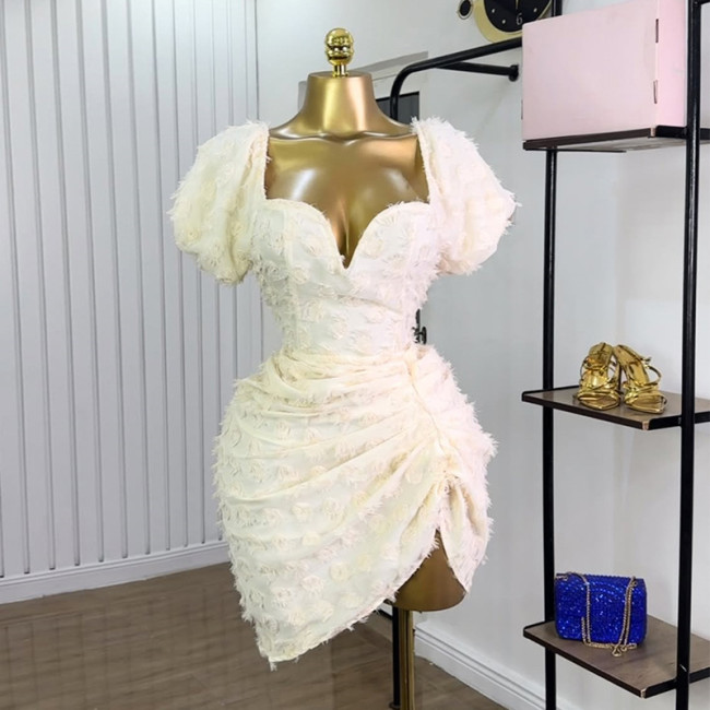 Sexy V-Neck Puff Sleeve Pleated Mini Dress