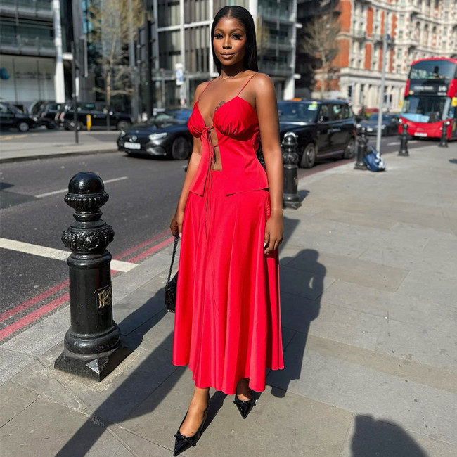 Sexy Lace-Up Straps Top & High-Waist Skirt Two Piece Set