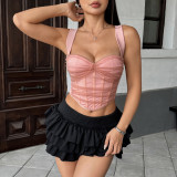 Fishbone Mesh Color-Block Transparent Corset Tank