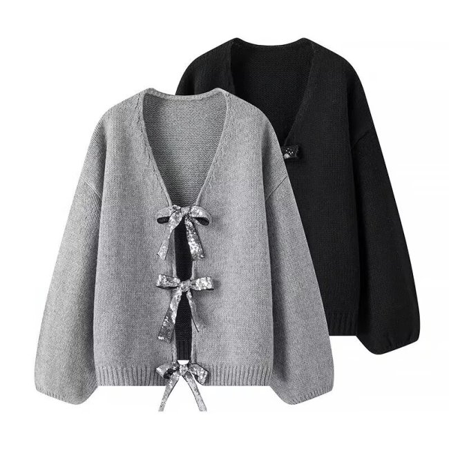Sequin Butterfly Bow Oversized Knit Cardigan