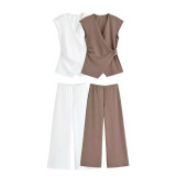 Pin-Textured Sleeveless Top & Wide-Leg Casual Set
