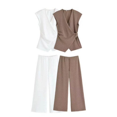 Pin-Textured Sleeveless Top & Wide-Leg Casual Set