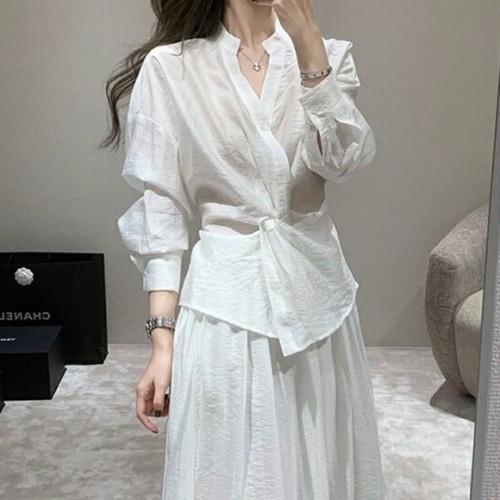 Asymmetric French V-Neck Twist Knot Blouse and pants Set