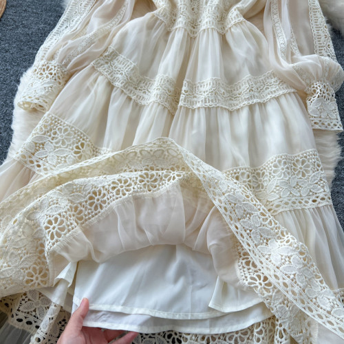 Elegance Revival - Lace Trimmed V-Neck Maxi Dress for Women