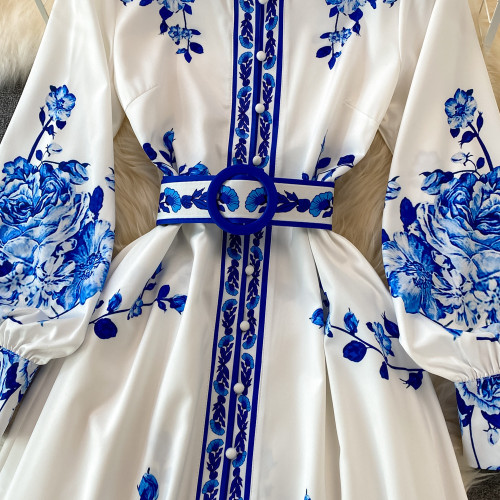 IHOOV's Qinghua Ceramic Inspired A-Line Gown with Stand Collar & Single Row Buttons