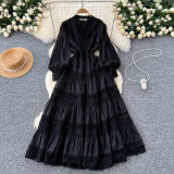 Elegance Revival - Lace Trimmed V-Neck Maxi Dress for Women