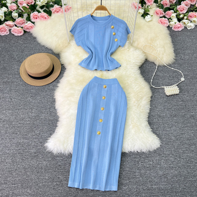 Metallic Accent Knit Top & Fitted Midi Skirt Set