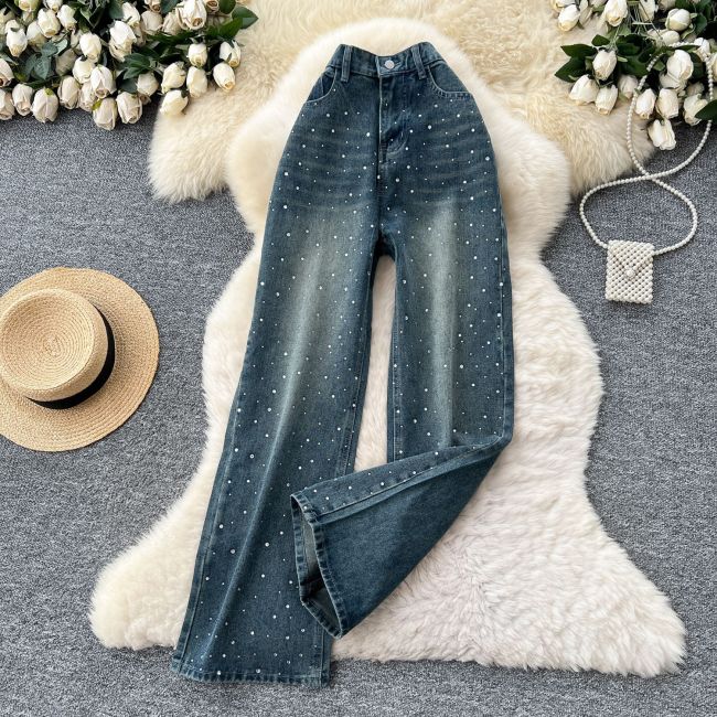 Diamond-Studded High-Waisted Slimming Straight Leg Jeans