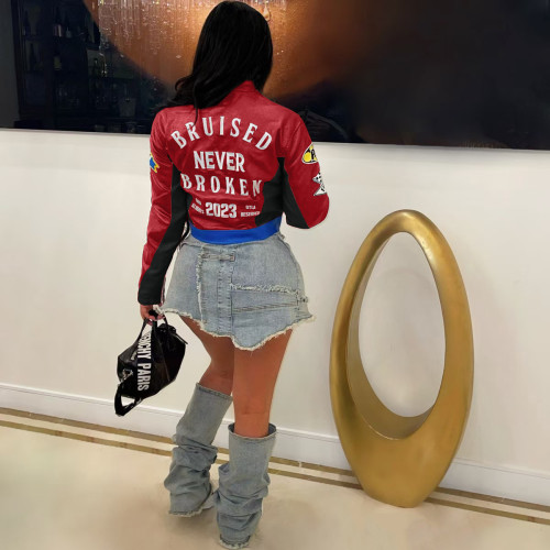 Printed Stand Collar Short Jacket