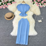 Metallic Accent Knit Top & Fitted Midi Skirt Set