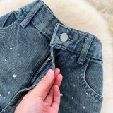 Diamond-Studded High-Waisted Slimming Straight Leg Jeans