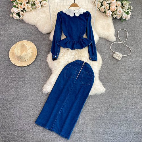 Ruffled Denim Shirt & High-Waisted Slit Skirt Set