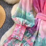 ihoov's Stand Collar Lantern Sleeve Floral Midi Dress with Ruffled Hem