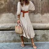 Close-up of unique fashion belt print on iHOOV's Elegance Unbound long dress