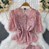 Lace Embroidered Blouse & High-Waisted Midi Skirt Set