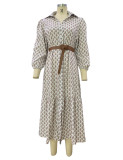 Fashion Belt Printed V-Neck Simple Chic Long Dress