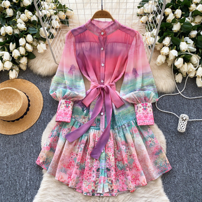 ihoov's Stand Collar Lantern Sleeve Floral Midi Dress with Ruffled Hem