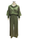 Pure Color Long Sleeve Shirt & Wide Leg Pants Cotton Linen Set