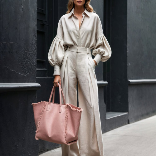 Pure Color Long Sleeve Shirt & Wide Leg Pants Cotton Linen Set