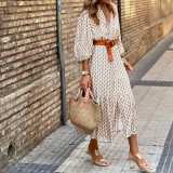 Elegance Unbound by iHOOV - Model wearing fashion belt printed V-neck simple chic long dress