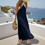 ihoov's Solid Tone Halter Neck Sleeveless Cotton Linen Midi Dress